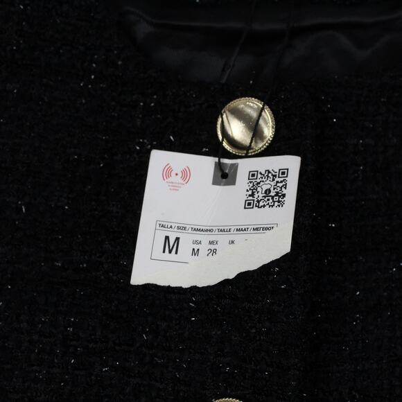 Zara Jacket Women Medium Metallic Thread Tweed Cropped Blazer Black Party Office - Picture 3 of 10